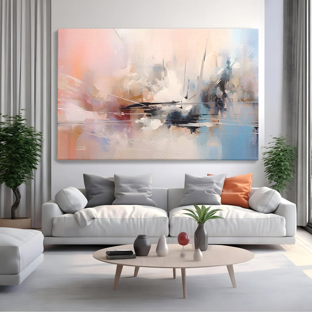 Tablou canvas cu pictura abstracta cu linii si pete pastel, fara rama, pe sasiu de lemn, pe perete intr-un living